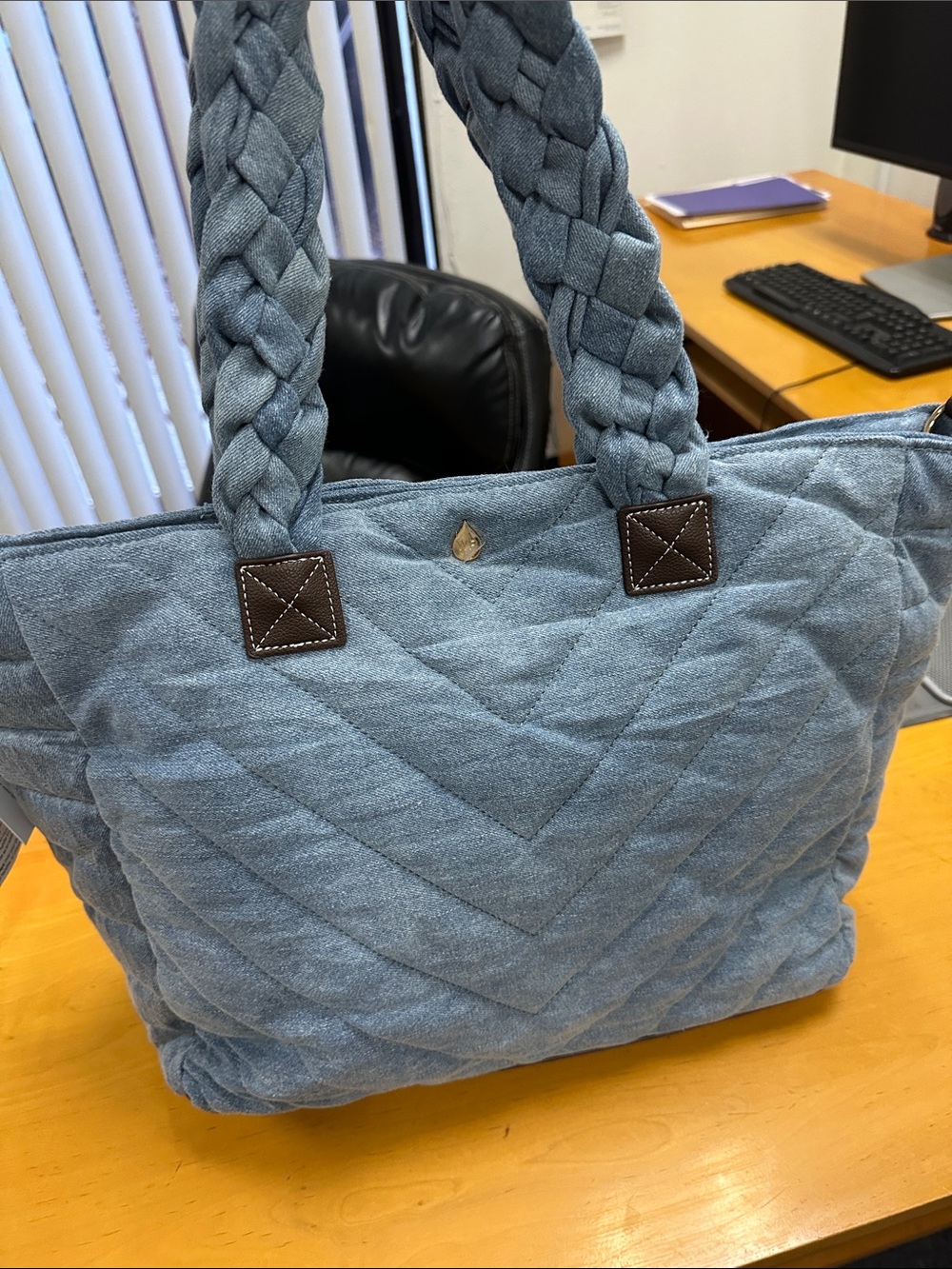 Wanderfull Quilted Denim-Blue Braided-Handle Tote